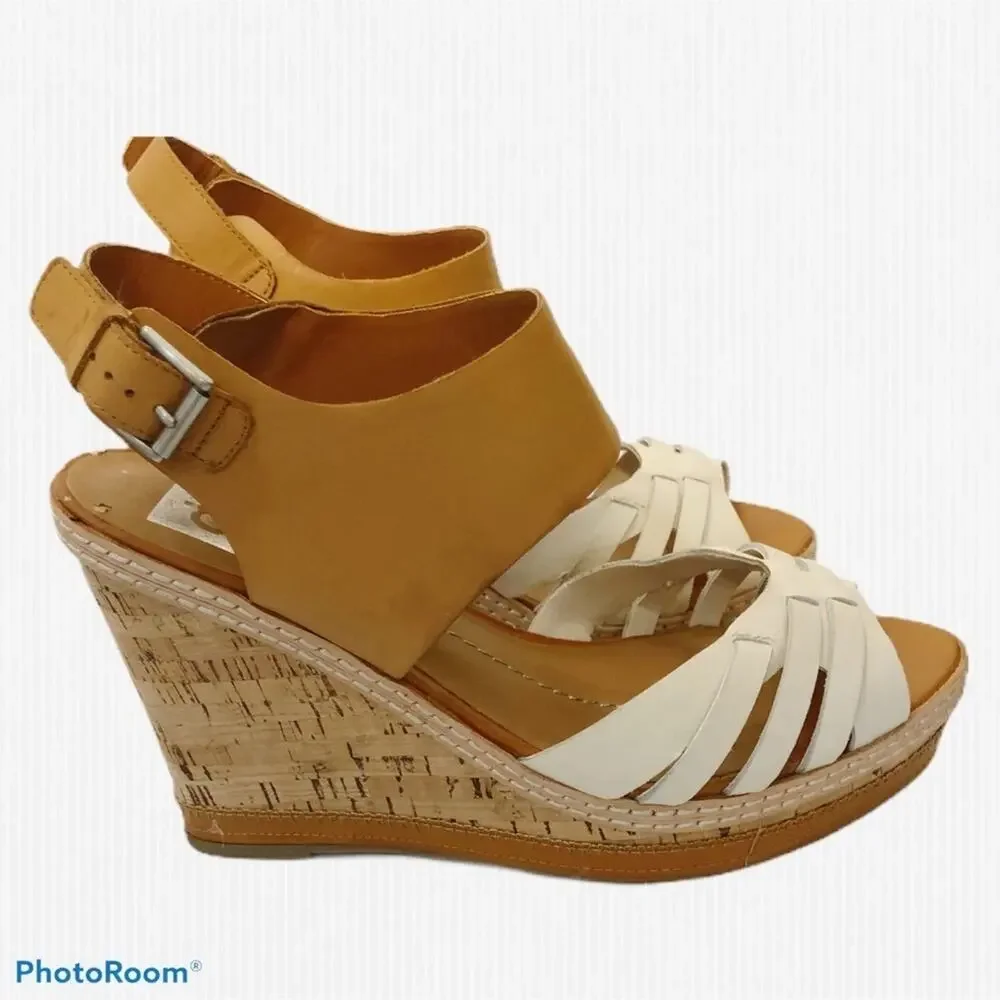 Dolce Vita White Tan Leather Cork Wedge Sandals 9.5